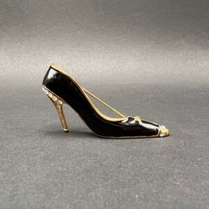 Vintage Shoe Brooch Black Enamel Rhinestones Gold Tone High Heel Stiletto Pin